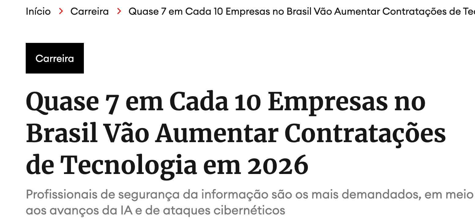 Captura da Forbes Brasil com a manchete: Quase 7 em Cada 10 Empresas no Brasil Vão Aumentar Contratações de Tecnologia em 2026.