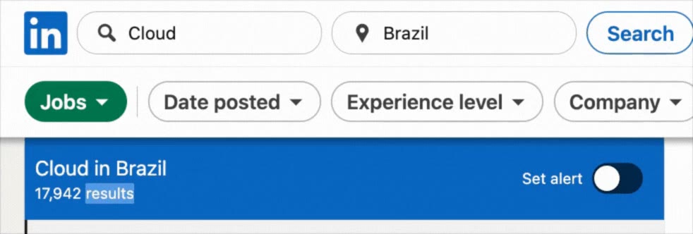 Gravação de buscas de vagas no LinkedIn no Brasil: SRE com 2.006 resultados, DevOps com 6.821 e Cloud com 17.942.